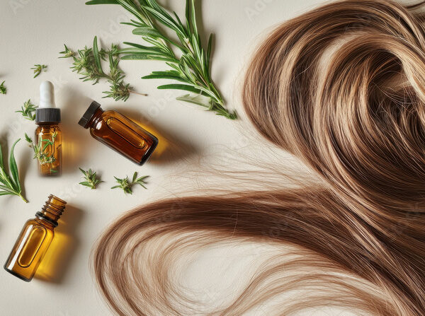 A long, brown hair with blonde highlights is laying on the table, next to it there are two small glass bottles of cannabis oil and some rosemary leaves.